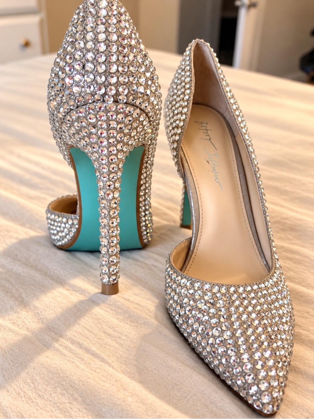 BETSY JOHNSON Crystal Embellished Pointed Toe Stiletto Heels - Silver